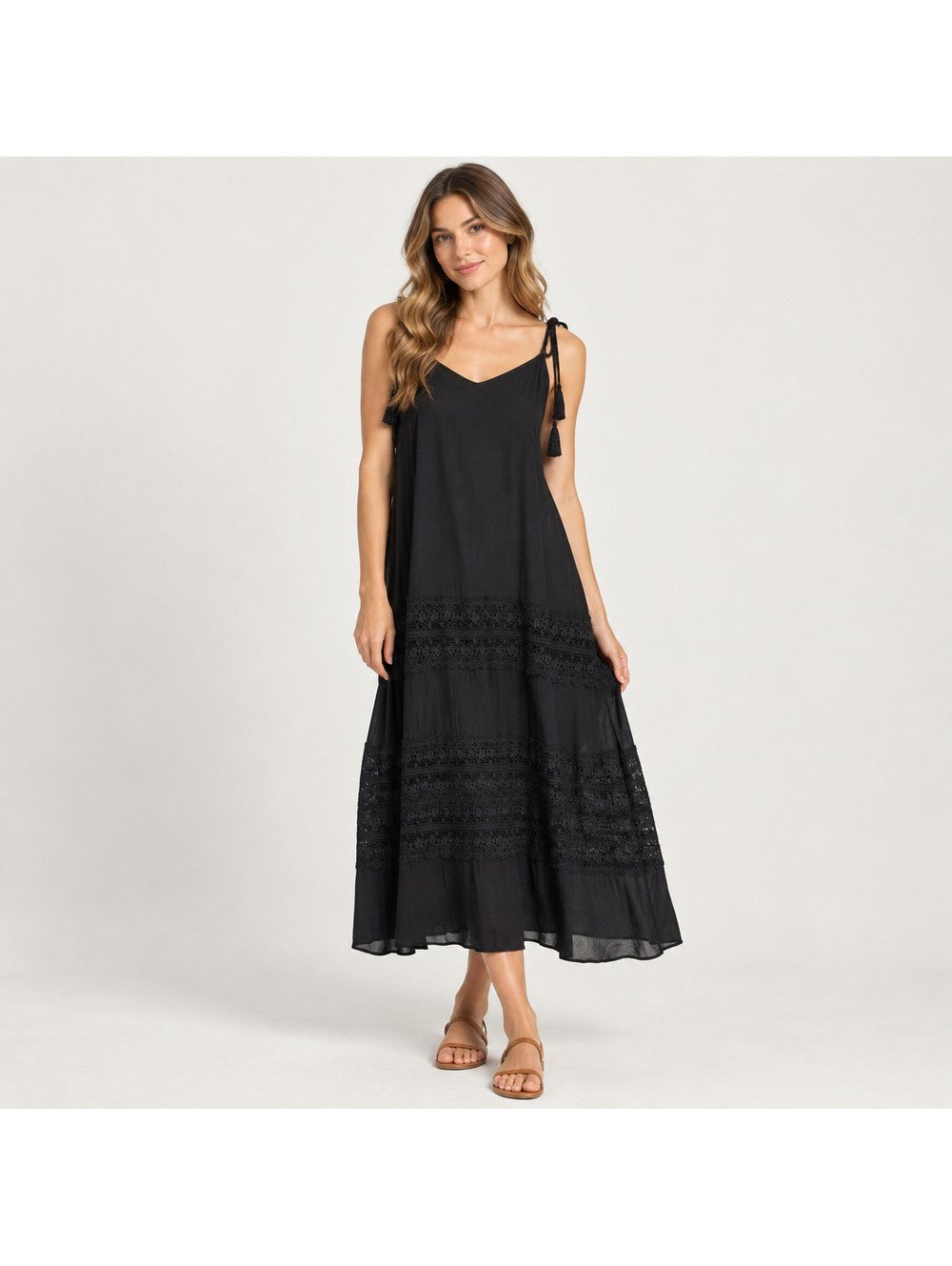 Elan Black Lace Panel Midi Slip Dress Tie Straps Women's Size XS